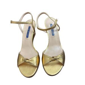 $425 STUART WEITZMAN GLORIA LEATHER WEDGE SANDAL PLATINO METALLIC  71/2